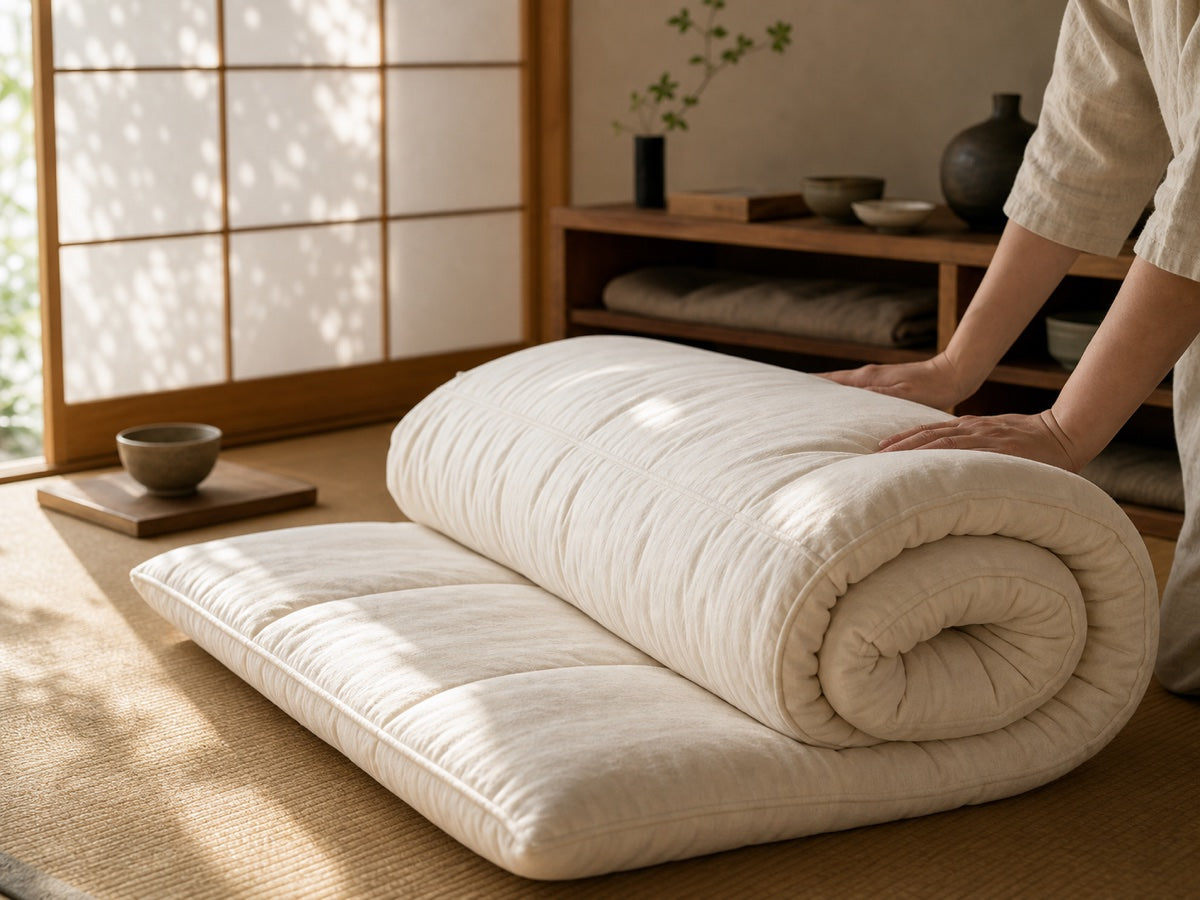 Futon Ayori roulé et facile à ranger sur tatami